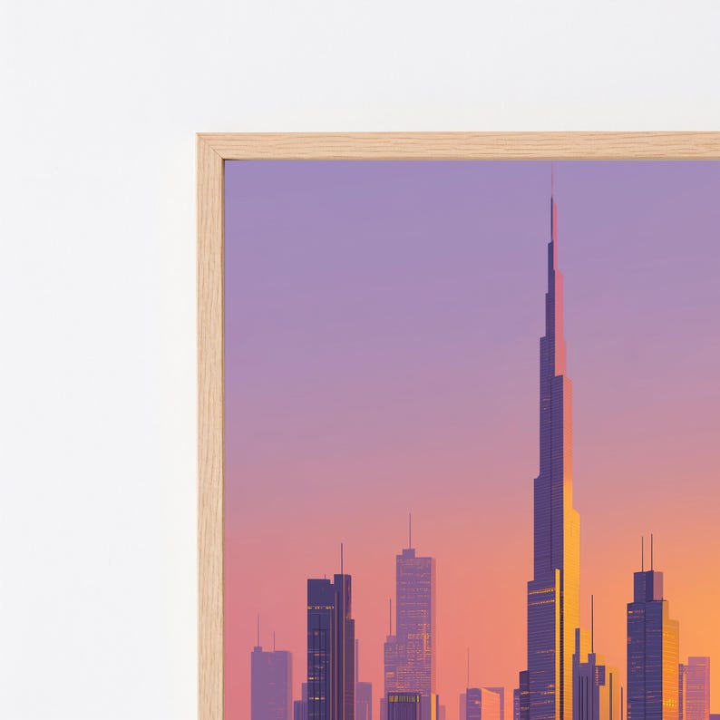 May include: A framed wall art print featuring a stylized cityscape of Dubai at sunset. The tall Burj Khalifa skyscraper stands prominently in the center against a gradient sky of purple, pink, and orange hues, surrounded by other dark building silhouettes.