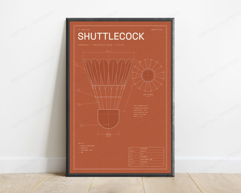 Shuttlecock Technical Blueprint Print | Badminton Sports Wall Art | Minimalist Line Drawing zdjęcie 1