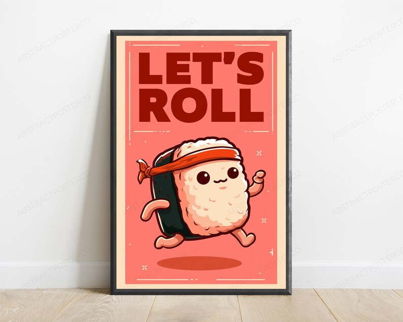 Let's Roll Sushi Character Pop Art Print | Cute Food Art | Kitchen Wall Decor image 1