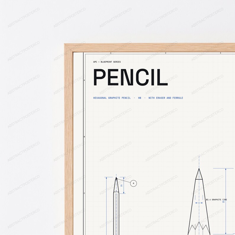 Technische tekening met potlood | Technische schematische tekening als wanddecoratie | Minimalistische designposter afbeelding 2