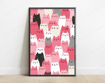 Minimalistyczny wydruk artystyczny z uroczym tłumem kotów | Urocza kocia sztuka ścienna | Kawaii wystrój domu | Pobieranie cyfrowe A3 A2 A1