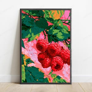 Red Raspberries Botanical Print | Vibrant Food Art | Modern Kitchen Wall Decor | Digital Download A3 A2 A1 bild 1