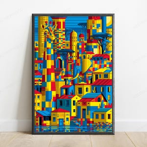 May include: A rectangular wall art print featuring a vibrant, geometric mosaic of a cityscape integrated with a giraffe and an elephant. The composition uses a bold palette of primary blue, yellow, and red blocks to depict buildings, trees, and animals.