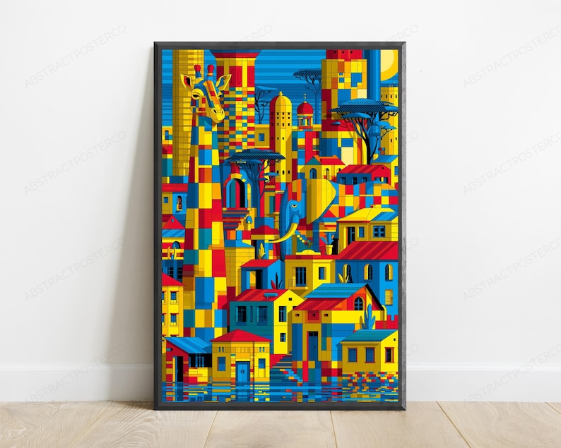 May include: A rectangular wall art print featuring a vibrant, geometric mosaic of a cityscape integrated with a giraffe and an elephant. The composition uses a bold palette of primary blue, yellow, and red blocks to depict buildings, trees, and animals.