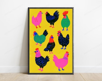 Affiche Pop Art Poules Colorées | Décoration Murale Ferme Dynamique | Décoration Poule et Coq Audacieuse | Téléchargement Numérique A3 A2 A1