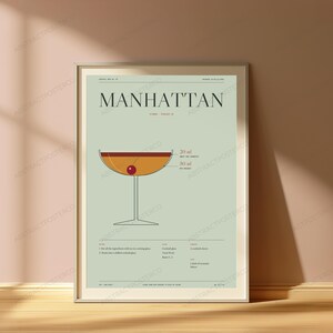 Manhattan Cocktail Recipe Print in Sage | Vintage Bar Art | Minimalist Drink Poster image 4