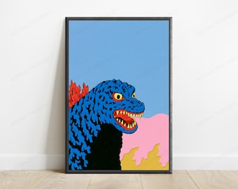 Blue Kaiju Monster Pop Art Print | Retro Creature Wall Art | Quirky Home Decor | Digital Download A3 A2 A1