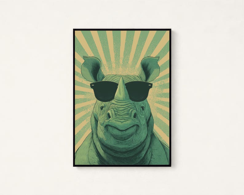 May include: A framed art print featuring a green rhinoceros wearing black sunglasses. The rhino is smiling, set against a background of green and tan radial stripes. The artwork has a vintage, illustrative style.