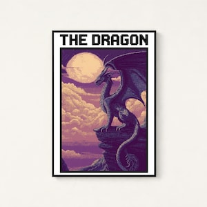 Moonlit Dragon Pixel Art Print | Purple Fantasy Wall Art | Mystical Creature Home Decor | Digital Download A3 A2 A1 image 1