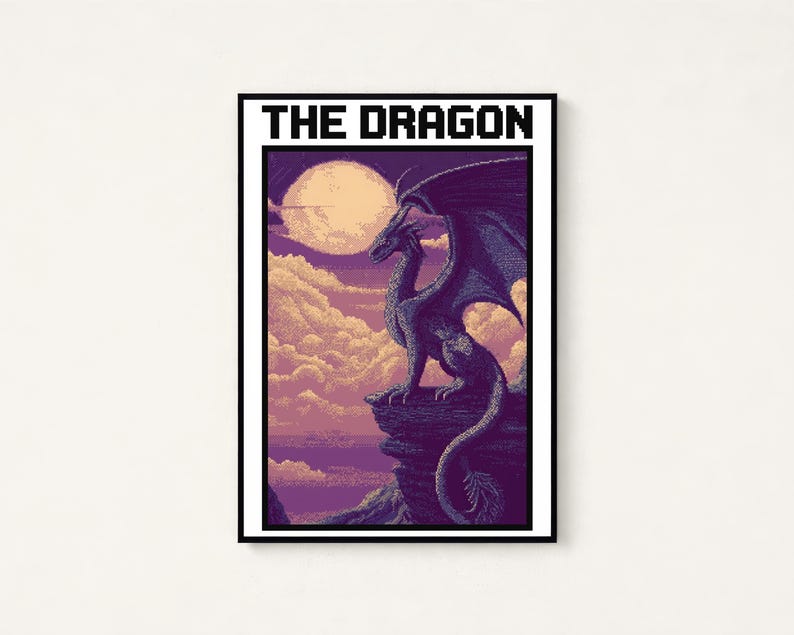 Moonlit Dragon Pixel Art Print | Purple Fantasy Wall Art | Mystical Creature Home Decor | Digital Download A3 A2 A1 image 1