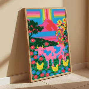 Psychedelic Farm Pop Art Print | Neon Cow Sunflowers | Maximalist Wall Art Decor | Digital Download A3 A2 A1 image 5