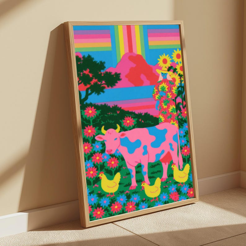 Psychedelic Farm Pop Art Print | Neon Cow Sunflowers | Maximalist Wall Art Decor | Digital Download A3 A2 A1 image 5