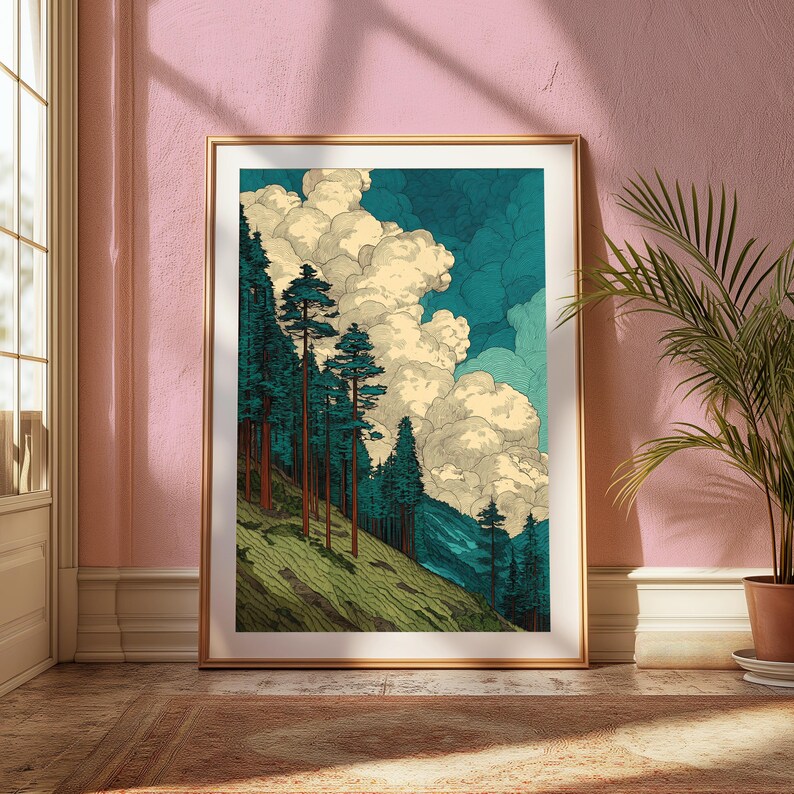 Puede incluir: Una l&aacute;mina de arte vertical enmarcada que representa un paisaje con &aacute;rboles de hoja perenne altos y delgados en una ladera cubierta de hierba. La escena presenta grandes nubes color crema sobre un cielo azul verdoso, en estilo gr&aacute;fico.