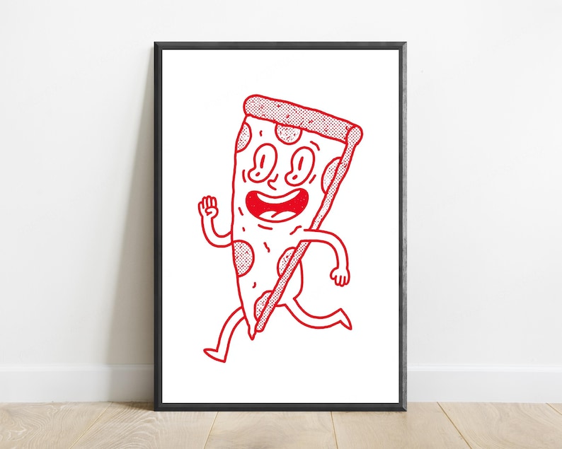 Happy Pizza Character Pop Art Print | Retro Food Art | Minimalist Wall Decor | Digital Download A3 A2 A1 image 1