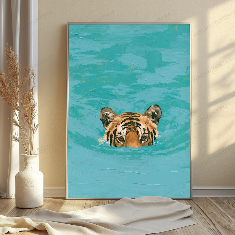 May include: A rectangular wall art print featuring an oil painting style depiction of a tiger head emerging from vibrant turquoise water. The tiger has orange fur with black stripes and is positioned in the centre of the textured blue surface.
