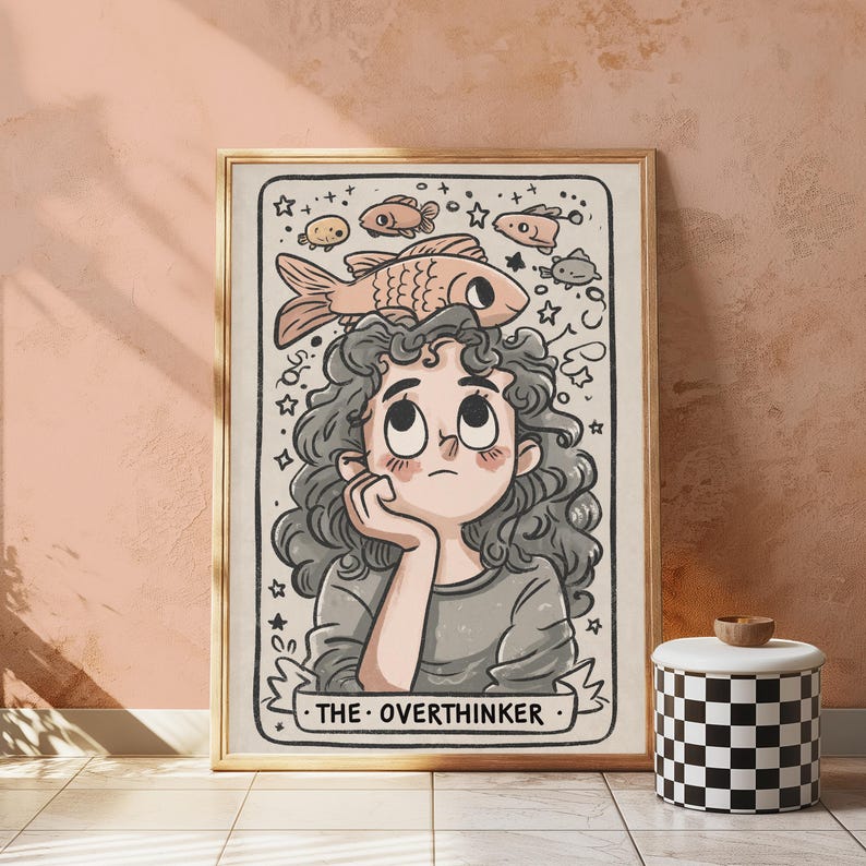 The Overthinker Girl with Fish Crown | Whimsical Portrait Print | Minimalist Wall Art | Digital Download A3 A2 A1 image 3