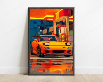 Orange Sports Car Neon City Rain Print | JDM Street Art | Cyberpunk Wall Decor | Digital Download A3 A2 A1