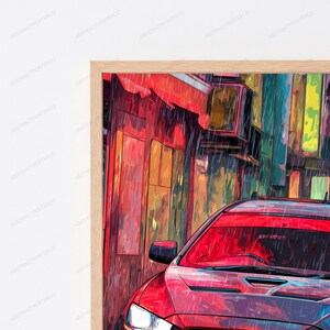 May include: A framed digital art print featuring a red car parked on a city street during a rainstorm. The scene uses a vibrant color palette with deep reds, oranges, and blues, depicting a building facade in the background with vertical rain streaks.