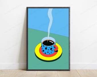 Steaming Coffee Cup Pop Art Print | Colorful Minimalist Kitchen Wall Art | Modern Home Decor | Digital Download A3 A2 A1
