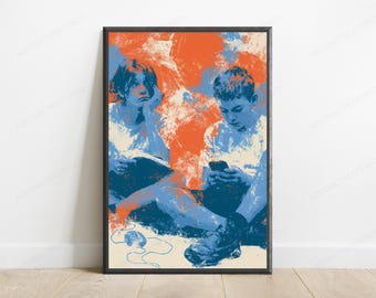 Two Figures on Phones Pop Art Print | Screen Time Commentary Wall Art | Bold Modern Home Decor | Digital Download A3 A2 A1