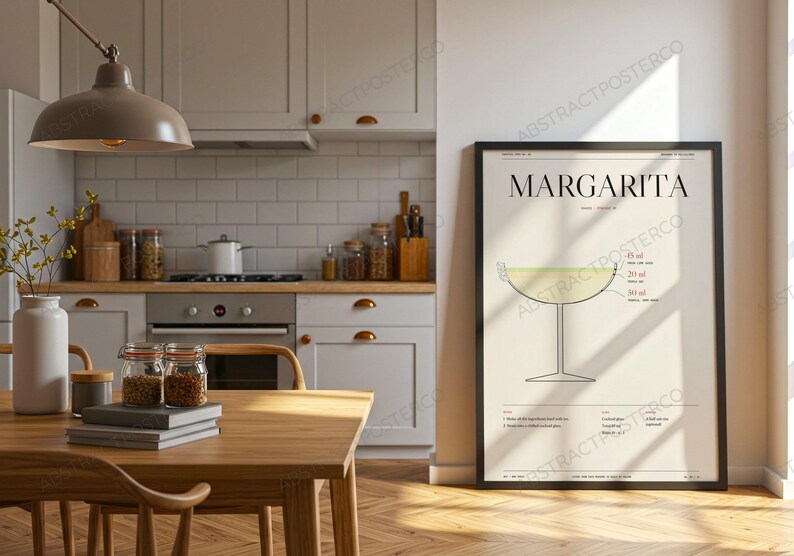 Margarita Cocktail Recipe Print in Cream shown in a kitchen
