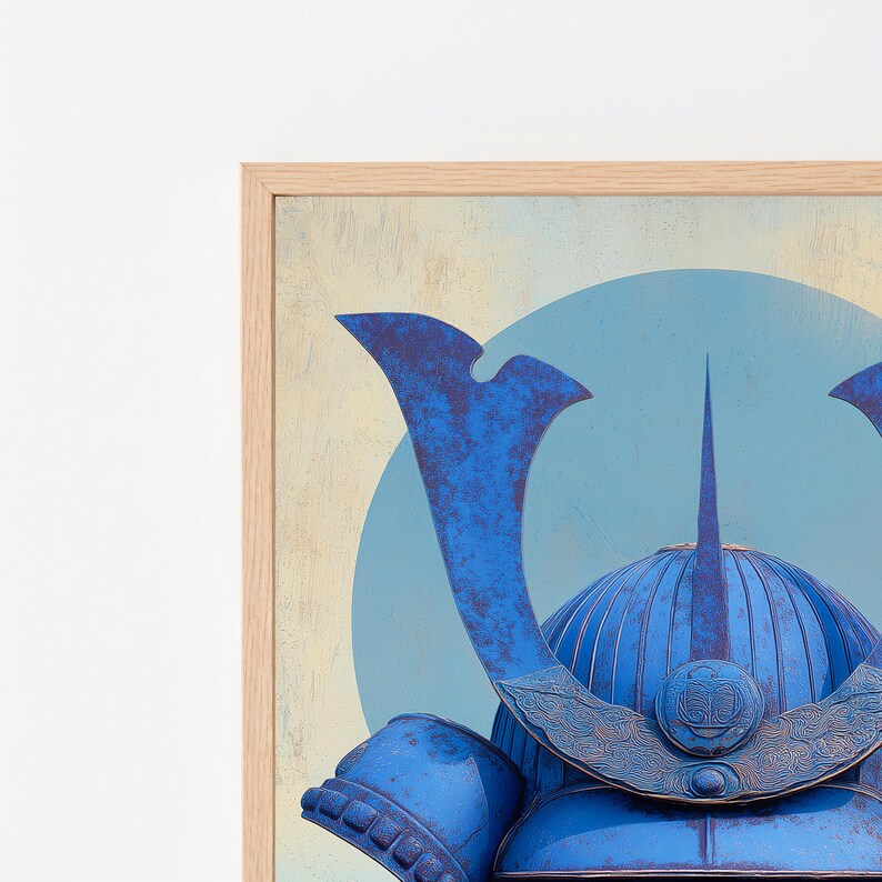 May include: A framed wall art print featuring a vibrant blue samurai helmet with a prominent central crest and ornate detailing. The helmet is set against a pale yellow background with a large, light blue circular shape behind the headpiece.