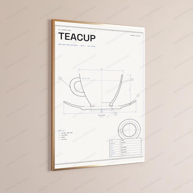 Technischer Entwurf einer Teetasse | Vintage-Konstruktionsdesign | Minimalistische Küchenwandkunst Bild 3