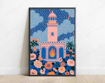 Moorish Lighthouse Fire Art Print | Maximalist Floral Botanical Wall Art | Boho Exotic Home Decor