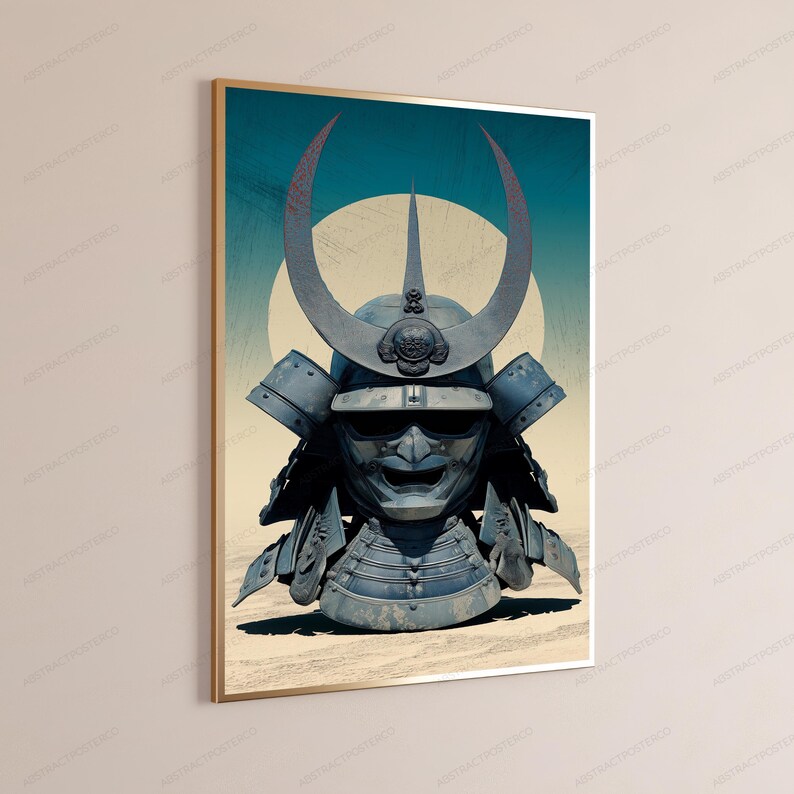 May include: A framed wall art print featuring a blue-toned samurai helmet with a large crescent-shaped crest and a fierce facial mask. The helmet is centered against a pale yellow circular background and a textured, sandy-colored ground surface.