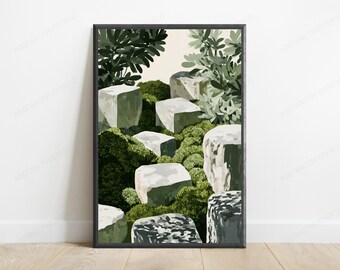Stone Blocks Lush Garden Print | Botanical Wall Art | Nature Home Décor