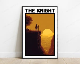 Medieval Knight Cliff Sunset Pixel Art | Golden Hour Fantasy Wall Art | Minimalist Gaming Decor | Digital Download A3 A2 A1