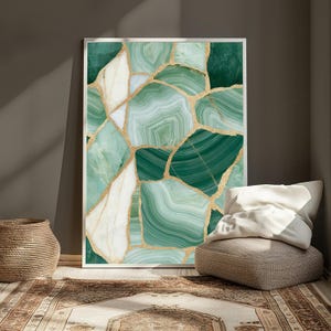Green Agate Slice Gold Veins | Minimalist Marble Wall Art | Modern Home Decor Print | Digital Download A3 A2 A1 image 5
