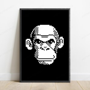 May include: A framed vertical wall art print featuring a high-contrast, black and white pixel art illustration of a chimpanzee face. The monkey is rendered in a blocky, digital style with distinct square pixels against a solid black background.