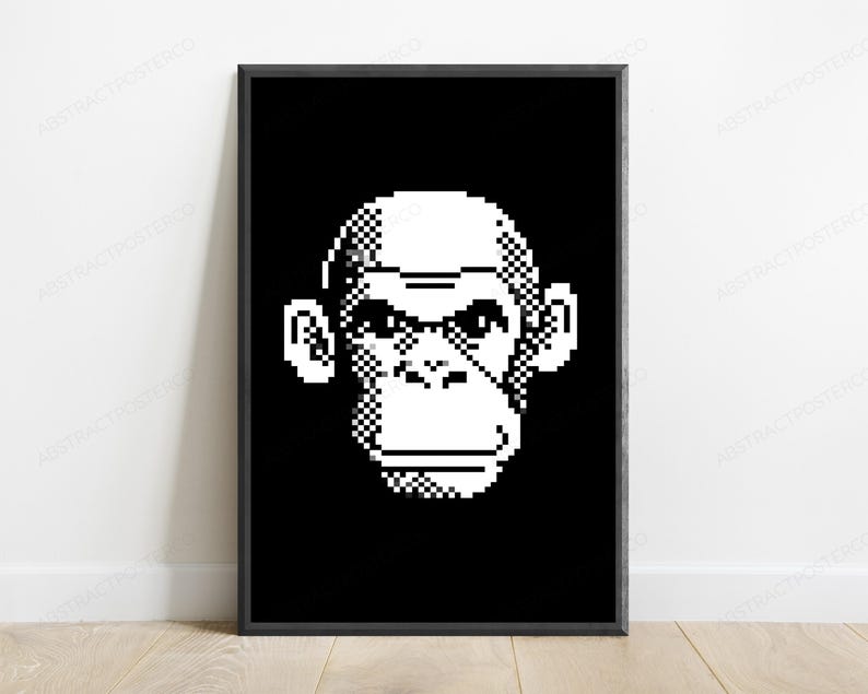 May include: A framed vertical wall art print featuring a high-contrast, black and white pixel art illustration of a chimpanzee face. The monkey is rendered in a blocky, digital style with distinct square pixels against a solid black background.