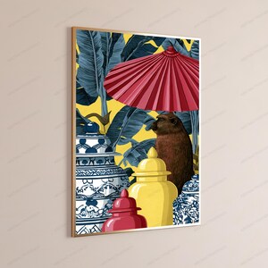 Brown Meerkat Red Umbrella Tropical Print | Whimsical Animal Wall Art | Minimalist Home Decor | Digital Download A3 A2 A1 image 3