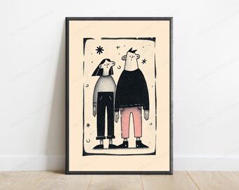 Paar zusammen stehen Minimalist Kunstdruck | Linie Zeichnung Wandkunst | Modernes Wohndekor | Digitaler Download A3-A2-A1
