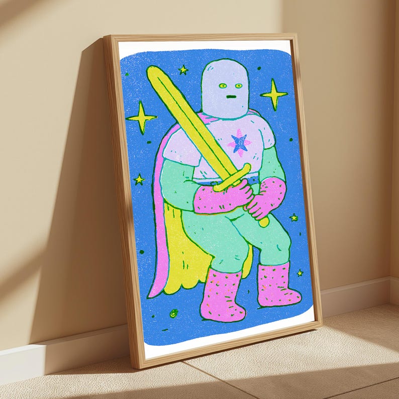 Cosmic Warrior with Yellow Sword Pop Art Print | Neon Character Wall Art | Vibrant Home Decor | Digital Download A3 A2 A1 image 5