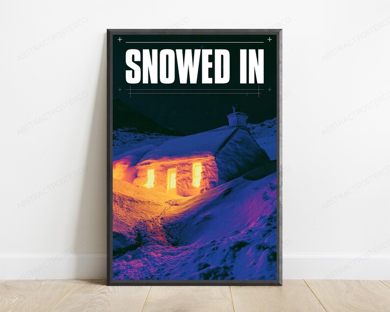 Snowed In Cabin Thermal Art Print | Cosy Winter Landscape | Minimalist Cold Weather Wall Decor image 1
