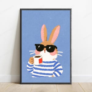 Cool Rabbit Sunglasses Coffee Pop Art Print | Stylish Bunny Wall Art | Minimalist Animal Decor | Digital Download A3 A2 A1 image 1