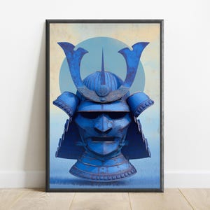 May include: A framed wall art print featuring a vibrant blue samurai helmet with a prominent crest and a face mask. The helmet is centered against a pale yellow and light blue circular background, showcasing detailed metallic textures and armor plating.