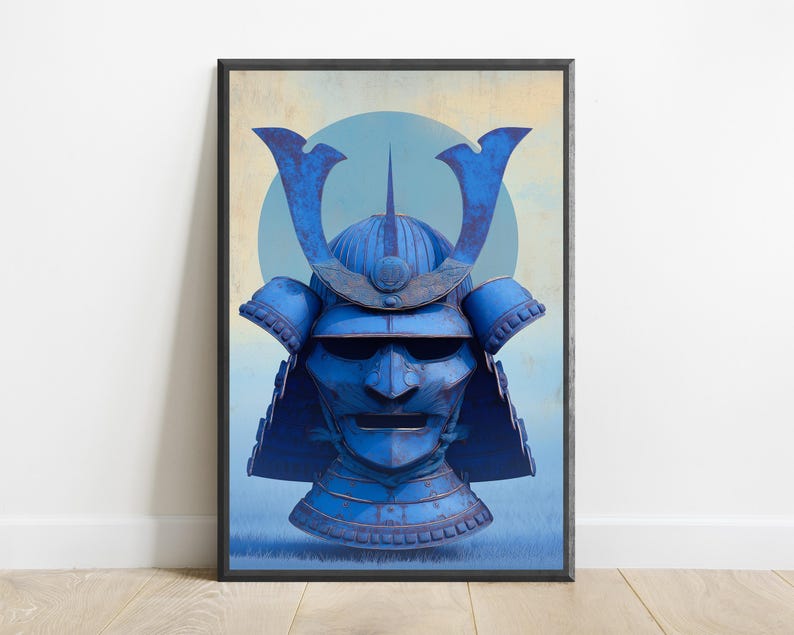 May include: A framed wall art print featuring a vibrant blue samurai helmet with a prominent crest and a face mask. The helmet is centered against a pale yellow and light blue circular background, showcasing detailed metallic textures and armor plating.