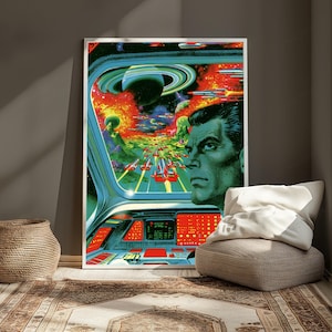 May include: A science fiction poster featuring a green-skinned pilot looking out from a cockpit at a vibrant space scene with a ringed planet, multiple flying spacecraft, and a glowing nebula. The cockpit console displays bright red control panels.