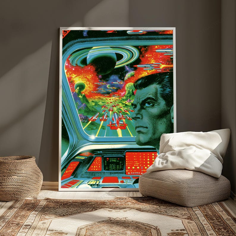 May include: A science fiction poster featuring a green-skinned pilot looking out from a cockpit at a vibrant space scene with a ringed planet, multiple flying spacecraft, and a glowing nebula. The cockpit console displays bright red control panels.
