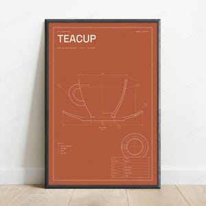 Wydruk techniczny projektu filiżanki do herbaty | Sztuka ścienna do kuchni w stylu vintage | Minimalistyczny rysunek liniowy zdjęcie 1