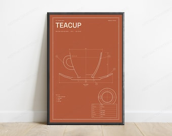 Teacup Blueprint Technical Print | Vintage Kitchen Wall Art | Minimalist Line Drawing