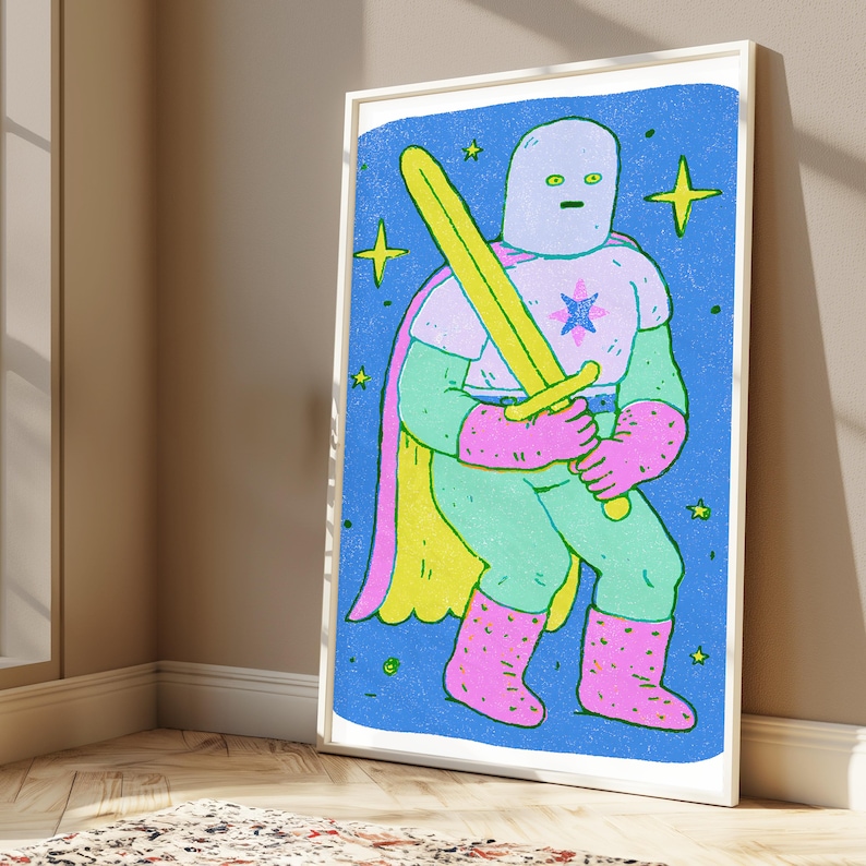 Cosmic Warrior with Yellow Sword Pop Art Print | Neon Character Wall Art | Vibrant Home Decor | Digital Download A3 A2 A1 image 4