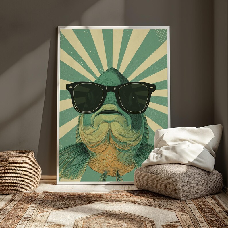 May include: A framed wall art print featuring a stylised illustration of a green fish wearing large black sunglasses. The background consists of a radiating sunburst pattern in alternating shades of light green and cream, creating a bold graphic design.