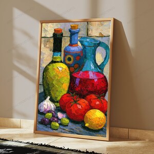 May include: An oil painting print featuring a yellow-green bottle, a blue patterned bottle, and a blue pitcher filled with red liquid. In the foreground, there are three red tomatoes, a yellow lemon, a head of garlic, and several small purple and green olives.