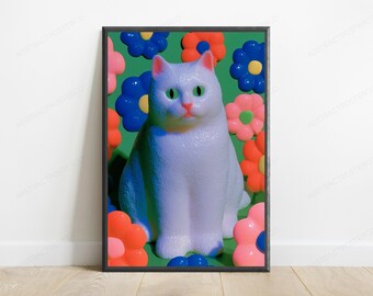 Colorful Cat Pop Art Print | Neon Flowers Wall Art | Vibrant Pet Home Decor | Digital Download A3 A2 A1