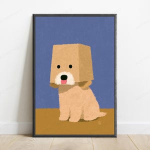 May include: A framed digital illustration of a light brown dog sitting against a blue background. The dog has a tan paper bag over its head with two black circular eyes, a white muzzle, a black nose, and a small pink tongue sticking out.